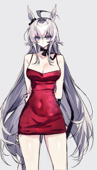 1girl absurdres ahoge animal_ears arm_behind_back blue_eyes breasts cleavage commentary_request covered_navel crossed_bangs dress ear_ornament feet_out_of_frame grey_hair grey_streaks hair_between_eyes highres horse_ears horse_girl large_breasts long_hair looking_at_viewer multicolored_hair oguri_cap_(umamusume) red_dress simple_background solo standing streaked_hair thighs tuwu_(user_yvte3782) umamusume umamusume:_cinderella_gray