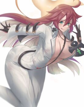 1girl absurdres ankh_necklace ankh_print ass bell-bottoms belt black_gloves bodysuit breasts broken_halo calmgreentori cleavage collarbone commentary_request front_slit gloves green_eyes guilty_gear guilty_gear_strive hair_between_eyes halo highres jack-o&#039;_valentine large_breasts long_hair pants red_hair smile solo spiked_halo studded_belt too_many too_many_belts very_long_hair white_bodysuit
