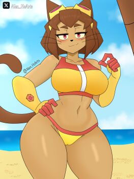 1girl :3 alex_hzarts alternate_costume animal_ears beach bikini breasts brown_hair cat_ears cat_tail colored_sclera commentary curvy dark-skinned_female dark_skin english_commentary facial_mark furry gameoverse goggles goggles_on_head groin half-closed_eyes hand_on_own_hip highleg highleg_bikini highres kit_bodega large_breasts looking_at_viewer navel official_alternate_costume outdoors red_eyes short_eyebrows short_hair smile solo swimsuit tail thong thong_bikini twitter_username variant_set whisker_markings wide_hips yellow_bikini yellow_gauntlets yellow_sclera