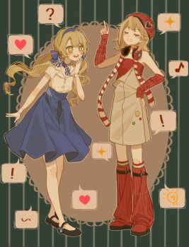 Rule 34 | !, + +, 2girls, :d, ?, absurdres, bare shoulders, belt, black footwear, blonde hair, blue hairband, blue neckerchief, blue skirt, brown belt, brown hair, chinese commentary, closed eyes, commentary request, full body, green background, green eyes, grin, hairband, hand on own hip, hand up, hat, headphones, headphones around neck, heart, highres, index finger raised, kneehighs, leg belt, light bulb, loose socks, low twintails, mary janes, medium skirt, multiple girls, musical note, neckerchief, official alternate costume, open mouth, oval, overall skirt, red arm warmers, red footwear, red hat, red scarf, red shirt, red socks, regulus (pizza hut) (reverse:1999), regulus (reverse:1999), reverse:1999, scarf, shirt, shirt tucked in, shoes, short hair, short sleeves, single strap, skirt, smile, socks, sotheby, sotheby (lawson), speech bubble, spoken exclamation mark, spoken heart, spoken light bulb, spoken musical note, spoken question mark, spoken sparkle, standing, strapless, strapless shirt, striped background, striped clothes, striped scarf, teeth, trouble eater, twintails, two-tone scarf, upper teeth only, white scarf, white shirt, white skirt