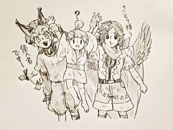 Rule 34 | 3boys, ?, adapted costume, animal ears, barefoot, belt, bird wings, braid, cape, cat ears, commentary request, extra ears, feathered wings, genderswap, genderswap (ftm), hair bobbles, hair ornament, holding another's wrist, japanese clothes, kaenbyou rin, kimono, kisume, long sleeves, male focus, menotama, multiple boys, open mouth, pointy ears, reiuji utsuho, shirt, short hair, short sleeves, shorts, third eye, third eye on chest, toes, touhou, traditional media, translation request, wide sleeves, wings