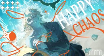 1boy barcode beach black_halo black_jacket blue_horns blue_skin character_name chest_tattoo closed_eyes colored_skin commentary dated guilty_gear guilty_gear_strive halo halo_removed happy_chaos hashtag-only_commentary heart heart_tattoo highres hilih_0107 horns jacket jacket_partially_removed jar lying male_focus messy_hair no_shirt on_back outdoors seashell shell short_hair single_bare_shoulder smile solo spiked_halo tattoo upper_body water white_hair