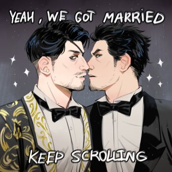 2boys black_bow black_bowtie bow bowtie cheekbones couple english_text facial_hair goatee_stubble highres husband_and_husband imminent_kiss impact_(font) kiryu_kazuma looking_at_viewer lumuscus majima_goro male_focus mature_male meme multiple_boys mustache_stubble profile ryuu_ga_gotoku_(series) sideburns_stubble sideways_glance smile stubble thick_eyebrows upper_body yaoi yeah_we_gay_keep_scrolling_(meme)
