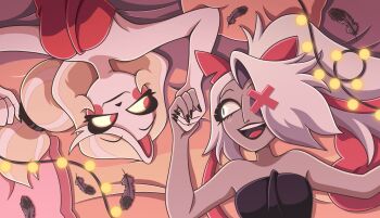 2girls :d bare_shoulders bed_sheet black_nails blonde_hair blush_stickers breasts cable charlie_morningstar colored_sclera commentary couple dark-skinned_female dark_skin english_commentary feathers from_above grey_hair hair_ornament hazbin_hotel hellaverse highres holding_hands looking_at_another lying medium_breasts moon-realm multicolored_hair multiple_girls nail_polish naked_towel on_back open_mouth pillow red_eyes smile towel two-tone_hair vaggie white_hair yellow_sclera yuri