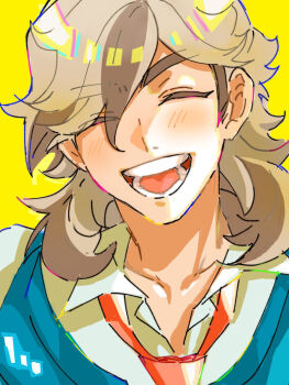 1boy :d arven_(pokemon) blush brown_hair closed_eyes collared_shirt commentary_request happy highres long_hair male_focus mofumofuyarou necktie nintendo open_mouth orange_necktie pokemon pokemon_sv shirt smile solo teeth tongue upper_body vest white_shirt yellow_background