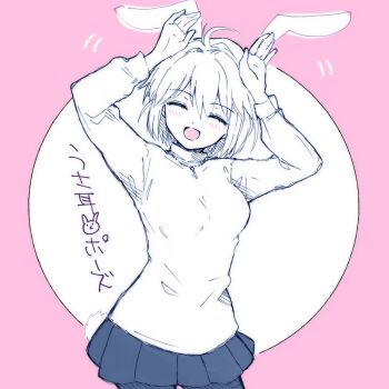 1girl :d ahoge animal_ears arcueid_brunestud black_pantyhose blue_skirt blush closed_eyes commentary_request full_moon hair_between_eyes hair_intakes hands_on_own_head hands_up highres jewelry miniskirt moon muko_(4moiut) necklace open_mouth pantyhose pink_background rabbit_ears rabbit_pose short_hair skirt smile sweater tsukihime tsukihime_(remake) turtleneck turtleneck_sweater white_sweater