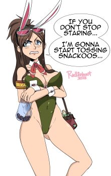 1girl ace_attorney armband artist_name bag blue_eyes blush breasts brown_hair cameltoe capcom cleavage crossed_arms cuff_links ema_skye embarrassed food gluteal_fold highleg highleg_leotard highres hip_bones large_breasts leotard long_hair playboy_bunny rabbit_ears radlionheart shiny_skin sidelocks sunglasses sunglasses_on_head thighs