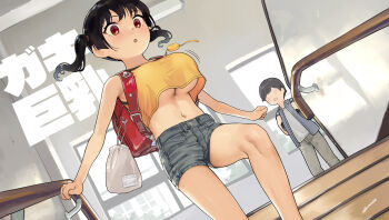 1boy 1girl :o arms_at_sides backpack bag black_hair bouncing_breasts breasts camisole commentary_request copyright_name crime_prevention_buzzer denim denim_shorts drawstring drawstring_bag gaki_kyonyuu grey_shorts highres indoors kaedeko_(kaedelic) large_breasts looking_at_another looking_down midriff navel no_bra oppai_loli original randoseru red_eyes sasaki_kanna short_shorts shorts signature stairs text_background twintails underboob yellow_camisole