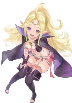 1girl :d absurdres ahoge belt black_boots black_cape boots bow breasts bridal_gauntlets cape circlet cleavage commentary fire_emblem fire_emblem_awakening from_above full_body garter_straps green_hair hand_on_own_thigh heart_pendant highres hiiragi_yoko index_finger_raised long_hair looking_at_viewer looking_up navel nintendo nowi_(fire_emblem) open-toe_boots open_mouth parted_bangs pink_bow pink_shorts pink_thighhighs pointy_ears ponytail purple_eyes short_shorts shorts sitting skindentation small_breasts smile solo stomach teeth thick_thighs thigh_boots thighhighs thighs upper_teeth_only white_belt