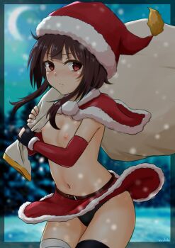 1girl asymmetrical_legwear bag bandaged_leg bandages belt belt_buckle black_border black_gloves black_panties black_thighhighs blunt_ends blurry blurry_background blush border breasts breasts_apart brown_hair buckle capelet christmas clothes_lift cowboy_shot crescent_moon depth_of_field detached_sleeves fingerless_gloves fur-trimmed_capelet fur-trimmed_gloves fur_trim gloves hat highres holding holding_bag kono_subarashii_sekai_ni_shukufuku_wo! light_frown loli long_sidelocks looking_at_viewer megumin miniskirt moon navel night nipples no_bra no_shirt nose_blush outside_border panties pantyshot picot_trim_panties pom_pom_(clothes) red_belt red_capelet red_eyes red_skirt red_sleeves santa_costume santa_hat short_hair_with_long_locks sidelocks sideways_glance sirokohi skirt skirt_lift sky small_breasts snow snowing solo standing stomach tearing_up thighhighs tree underwear variant_set wind wind_lift winter wispy_bangs