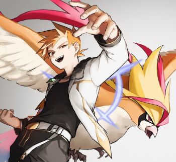 1boy arm_up belt belt_buckle black_pants black_shirt blue_oak blue_oak_(arc_suit) brown_eyes brown_hair buckle clenched_hand cowboy_shot crew_neck gen_1_pokemon highres jacket looking_at_viewer male_focus medete4 mega_pidgeot mega_pokemon nintendo open_clothes open_jacket open_mouth pants pidgeot pokemon pokemon_(creature) pokemon_masters_ex shirt spiked_hair talons teeth tongue triangle_mouth upper_teeth_only white_belt white_jacket