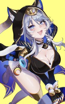 1girl animal_ear_fluff animal_ears animal_hood black_gloves black_leotard blue_eyes breasts cat_ears cat_girl cat_hood cat_tail cipher_(honkai:_star_rail) cleavage commentary_request fang fingerless_gloves gloves godone_(5do_zzzzz) grey_hair highres honkai:_star_rail honkai_(series) hood hooded_leotard large_breasts leotard looking_at_viewer open_mouth short_hair_with_long_locks simple_background skin_fang solo tail yellow_background yellow_nails