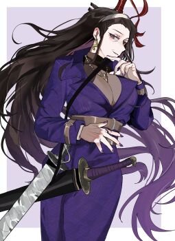 1girl absurdres autisticheath belt black_hair coat commentary hairband highres holding holding_sword holding_weapon iori_(project_moon) jewelry limbus_company long_hair mature_eyes mature_female necklace old project_moon purple_coat purple_skirt scabbard see-through_cleavage see-through_clothes sheath sheathed shirt skirt slit_pupils sword taut_clothes taut_shirt untranslatable_commentary weapon