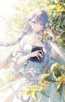 1girl angel angel_wings blue_eyes blue_hair book bracelet collarbone dress earrings feathered_wings floating_hair flower hair_between_eyes hand_up highres holding holding_book jewelry leila_(toosaka_asagi) long_hair long_sleeves looking_at_viewer mole mole_under_eye original outdoors parted_lips purple_hair standing toosaka_asagi very_long_hair white_dress white_wings wings
