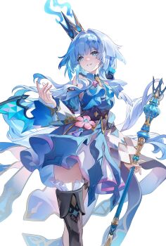 Rule 34 | 1girl, absurdres, blue dress, blue eyes, blue hair, blue sleeves, blue wings, boots, breasts, cerydra (honkai: star rail), commentary request, crossed legs, crown, datsha, detached sleeves, diamond-shaped pupils, diamond (shape), dress, grey hair, highres, holding, holding scepter, honkai: star rail, honkai (series), korean commentary, long hair, looking at viewer, medium breasts, mini crown, scepter, simple background, single thigh boot, solo, symbol-shaped pupils, thigh boots, watson cross, white background, wide sleeves, wings