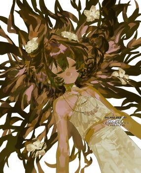 1girl bare_arms bare_shoulders brown_hair closed_eyes closed_mouth commentary dark-skinned_female dark_skin dutch_angle fatutu flower hair_flower hair_ornament hair_spread_out halter_shirt halterneck highres jewelry long_hair midriff necklace reverse:1999 sample_watermark sencattat shell shell_necklace shirt shoulder_tattoo skirt sleeveless sleeveless_shirt solo tattoo upper_body very_long_hair watermark white_background white_flower white_shirt white_skirt