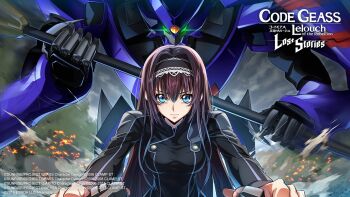 1girl black_hairband black_shirt blue_eyes breasts brown_hair buttons closed_mouth code_geass code_geass:_lost_stories commentary_request controller dust embers eye_trail f4samurai foreshortening frilled_hairband frills gem glowing glowing_eyes green_eyes hair_between_eyes hair_intakes hairband highres holding holding_polearm holding_weapon joystick leaning_forward light_trail long_hair long_sleeves looking_at_viewer maya_disel mecha medium_breasts motion_blur official_art orange_gemstone outdoors outstretched_arms polearm robot serious shirt sidelocks solo sougetsu_(code_geass) straight-on upper_body v-shaped_eyebrows very_long_hair weapon