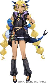 1girl aged_down armlet belt black_shirt black_shorts blonde_hair blue_arm_warmers body_markings braid braided_twintails clothing_cutout dark-skinned_female dark_skin dragon_girl dragon_horns dragon_tail earrings facial_mark fate/grand_order fate_(series) full_body gold_armlet hair_ornament hairclip horns indra_no_dai_shiren jewelry la-na lace-trimmed_shorts lace_trim leg_warmers long_hair looking_at_viewer official_art shirt shoes shorts side_labret_piercing solo standing tachi-e tail transparent_background vritra_(fate) vritra_(young)_(fate) yellow_eyes