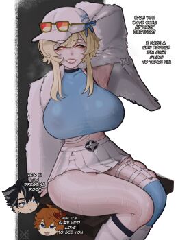 1girl 2boys armpits black_hair blonde_hair breasts cap e11e english_text genshin_impact glasses highres large_breasts lumine_(genshin_impact) multiple_boys orange_hair see-through_clothes skindentation skirt smile sweat sweatdrop talking tartaglia_(genshin_impact) thick_thighs thigh_strap thighs wriothesley_(genshin_impact)