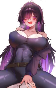 1boy 1girl absurdres bare_shoulders belt black_dress black_hair breasts brown_belt commentary_request covered_erect_nipples dress girl_on_top glasses goddess_of_victory:_nikke highres label_(nikke) large_breasts long_hair looking_at_viewer maviss_03 messy_hair multicolored_hair open_mouth paid_reward_available purple_eyes purple_hair simple_background two-tone_hair very_long_hair white_background
