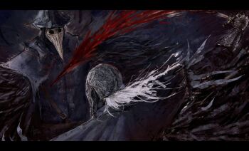1boy 1girl armor azure_meraki beak bird_mask black_cloak bleeding blood blood_on_clothes blood_splatter bloodborne bloody_crow_of_cainhurst bloody_weapon boots cape chikage_(bloodborne) cloak coat collar covered_face cuisses cuts eileen_the_crow feather-trimmed_cape feather-trimmed_coat feather-trimmed_jacket feather_trim feathers fighting fromsoftware gauntlets gloves hat helm helmet holding holding_sword holding_weapon hood hood_up injury katana knight long_coat long_hair mask ornate_armor ornate_pattern plague_doctor_mask sword vambraces weapon white_hair