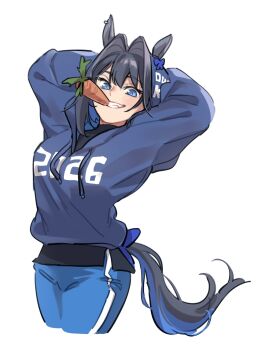 1girl 2026 anco_(platanity) animal_ears arms_behind_head black_hair blue_bow blue_eyes blue_hoodie blue_pants bow carrot earrings eating highres hololive hololive_english hood hoodie horse_ears jewelry multicolored_tail ouro_kronii pants single_earring smile solo tail umamusume virtual_youtuber workout_clothes