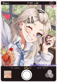 Rule 34 | 1girl, absurdres, ayami59266, bangs pinned back, blue nails, blue necktie, breast pocket, cake, character doll, closed mouth, commentary, cup, diagonal-striped clothes, diagonal-striped necktie, doll, dress shirt, ear piercing, fake phone screenshot, fake screenshot, food, fork, girls band cry, grey eyes, grey hair, grey nails, hair ornament, hairclip, hashtag-only commentary, heart, highres, indoors, iseri nina, kawaragi momoka, long hair, multicolored nails, nail polish, necktie, one eye closed, parallel hairclips, piercing, pocket, school uniform, selfie, shirt, spoon, striped clothes, white shirt, window