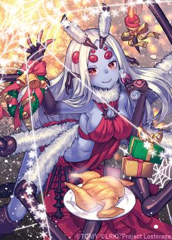 1girl arachne_pider_(wixoss) arthropod_girl arthropod_limbs breasts christmas_present copyright_notice cup dress drinking_glass fur-trimmed_dress fur_trim gift holding holding_cup insect_girl kutori_pan&#039;ya looking_at_viewer medium_breasts multiple_legs official_art oslo red_dress smile solo spider_girl white_hair wine_glass wixoss