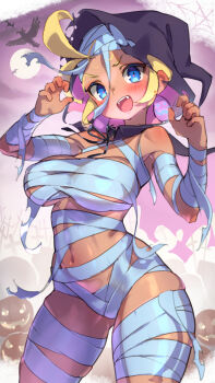 1girl :d alternate_costume bandages bare_shoulders bat_(animal) bird blonde_hair blue_eyes blush breasts claw_pose commentary cowboy_shot cross crow dark-skinned_female dark_skin english_commentary fangs full_moon highres hood hood_up jack-o'-lantern large_breasts life_is_pi looking_at_viewer moon mummy_costume naked_bandage navel open_mouth paid_reward_available shantae_(series) short_hair silk sky_(shantae) smile solo spider_web underboob