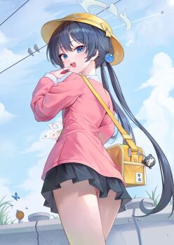 1girl absurdres bag black_hair blue_archive from_behind grey_eyes grey_halo hair_bobbles hair_ornament halo hat heavenly_rabbit highres kindergarten_bag kindergarten_uniform kisaki_(blue_archive) kisaki_(kindergarten_uniform)_(blue_archive) loli looking_at_viewer low_twintails miniskirt name_tag open_mouth out_of_character pink_shirt school_hat shirt shoulder_bag skirt smile solo souvenir_doll_(blue_archive) twintails yellow_bag yellow_hat