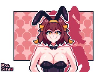 Rule 34 | 1girl, animal ears, artist request, breasts, brown hair, cleavage, fake animal ears, hair ribbon, large breasts, looking at viewer, pixel art, playboy bunny, rabbit ears, ribbon, short hair, smile, solo, suzumiya haruhi, suzumiya haruhi no yuuutsu, yellow eyes, yellow ribbon