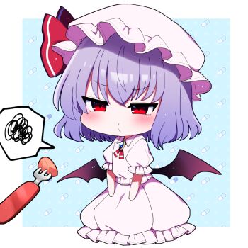 1girl ascot bat_wings blue_background blue_gem blush border carrot chibi closed_mouth collared_dress commentary_request dress food fork frills full_body gem hair_between_eyes hat hat_ribbon highres looking_to_the_side mob_cap outside_border pill pink_dress pink_hat puffy_short_sleeves puffy_sleeves purple_hair red_ascot red_eyes red_ribbon remilia_scarlet ribbon short_hair short_sleeves solo speech_bubble standing touhou v-shaped_eyebrows white_border wings you_(noanoamoemoe)