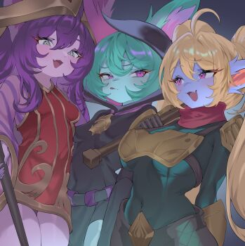 3girls armor blonde_hair bluepudding chest_guard colored_skin fang green_hair green_skin highres holding holding_staff holding_weapon hood hooded_robe hoodie league_of_legends lulu_(league_of_legends) multiple_girls open_mouth pink_eyes poppy_(league_of_legends) purple_hair purple_skin robe skin_fang staff vex_(league_of_legends) weapon yordle