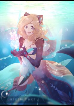 1girl animal_ears blonde_hair blue_nails breasts brown_eyes bubble cat_ears eyelashes flower gradient_eyes happy jewelry long_hair medium_breasts mermaid monster_girl multicolored_eyes original smile solo srinitybeast watermark