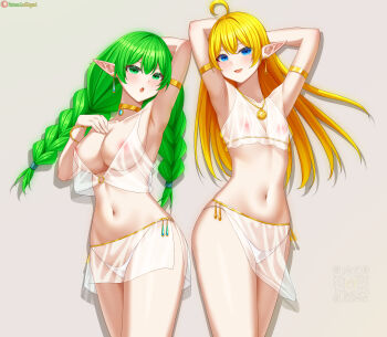 Rule 34 | 2girls, :d, :o, absurdres, ahoge, areola slip, arm behind back, arm behind head, arm up, armlet, armpits, arms behind head, arms up, artist name, ass, bare shoulders, belly dancer, bikini, blonde hair, blue eyes, blush, bracelet, braid, breasts, cleavage, commission, commissioner upload, covered erect nipples, cowboy shot, dancer, earrings, elf, euphemy sylvaine, female focus, flat chest, gold choker, green eyes, green hair, grey background, harem outfit, highres, jewelry, large breasts, legs, long hair, looking at viewer, lori hagami, lotte farona, midriff, multiple girls, navel, neck ring, necklace, nipples, official art, open mouth, panties, patreon username, pointy ears, presenting armpit, qr code, revealing clothes, see-through clothes, simple background, small breasts, smile, stomach, swimsuit, thick thighs, thighs, twin braids, underwear, wardrobe malfunction, ways of darkness (series), white bikini, white panties
