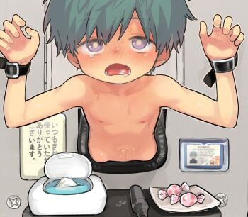 1boy after_fellatio aqua_hair bdsm blush bondage bound bright_pupils candy cum cum_in_mouth drooling food glory_wall id_card male_focus navel nipples nude ocha_(kinnkonnsousai) original purple_eyes short_hair shota solo strap sweat through_wall white_pupils wrapped_candy
