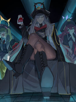 3girls absurdres black_horns blonde_hair blue_archive boots commentary_request curved_horns demon_horns gradient_halo hair_over_one_eye halo hat highres horns ibuki_(blue_archive) iroha_(blue_archive) makoto_(blue_archive) multicolored_halo multiple_girls multiple_horns pantyhose peaked_cap yuindesu