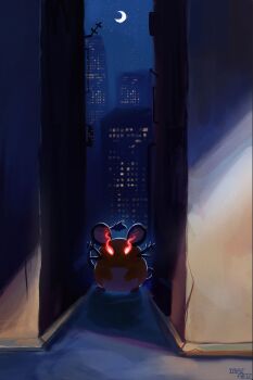 alpha_pokemon animal_focus building crescent_moon dark_alleyway dedenne eye_trail full_body gen_6_pokemon glowing glowing_eyes highres imazartz light_trail looking_at_viewer moon night night_sky nintendo no_humans outdoors pokemon pokemon_(creature) pokemon_focus red_eyes sky solo tail whiskers