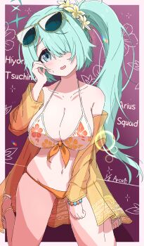 1girl bare_shoulders bead_bracelet beads bikini blue_archive blush border bracelet breasts character_name cleavage collarbone commentary_request curvy eyewear_on_head floral_print floral_print_bikini flower foolforpriconne furrowed_brow green_hair green_halo grey_eyes hair_flower hair_ornament hair_over_one_eye halo halterneck hand_up head_tilt highres hiyori_(blue_archive) hiyori_(swimsuit)_(blue_archive) jacket jewelry kneeling knees_out_of_frame large_breasts long_bangs long_hair long_sleeves looking_at_viewer multicolored_bikini navel official_alternate_costume official_alternate_hairstyle one_eye_covered open_clothes open_jacket open_mouth orange_bikini orange_jacket outside_border print_bikini purple_background sandals see-through_clothes see-through_jacket side_ponytail sidelocks simple_background skindentation smile solo stomach sunglasses sweatdrop swimsuit tareme thighs two-tone_bikini very_long_hair white_bikini white_border white_flower