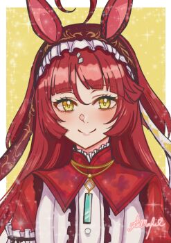 1girl ahoge animal_ears b9pqpy blush breasts hair_between_eyes hair_ornament hairband highres horse_ears looking_at_viewer portrait red_desire_(umamusume) red_hair signature simple_background small_breasts smile solo sparkle umamusume