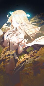 1girl absurdres bare_shoulders black_dress blonde_hair blue_eyes breasts cartethyia_(wuthering_waves) closed_mouth commentary cowboy_shot dress earrings fleur-de-lis from_side hair_intakes hand_on_own_chest hands_up highres jewelry long_hair looking_at_viewer looking_to_the_side modare multiple_earrings necklace parted_bangs pointy_ears sidelocks small_breasts smile solo tabard tacet_mark_(wuthering_waves) turning_head wheat white_tabard wuthering_waves