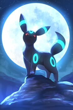 alternate_color black_fur colored_sclera creature creature_focus full_body full_moon gen_2_pokemon highres huge_moon looking_at_viewer moon night nintendo no_humans outdoors pokemon pokemon_(creature) red_sclera rumine_(yoshi1234567) shiny_pokemon sky star_(sky) starry_sky umbreon