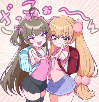 Rule 34 | 2girls, absurdres, ahoge, backpack, bag, black skirt, black thighhighs, blue skirt, blush, bow, brown eyes, brown hair, camisole, commentary request, cowboy shot, crossed bangs, emphasis lines, fang, flat chest, furrowed brow, grin, hair between eyes, hair bobbles, hair bow, hair ornament, highres, jamilsaga, kodomo no jikan, kokonoe rin, long hair, looking at viewer, mesugaki, miniskirt, multiple girls, open mouth, original, outstretched arm, pink bow, pink camisole, pink eyes, pink shirt, pleated skirt, pointing, pointing at viewer, randoseru, shirt, skin fang, skirt, smile, standing, thighhighs, translation request, twintails, very long hair