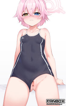 1girl alkaloid_(alkaloid404) bar_censor black_one-piece_swimsuit blue_archive blue_eyes blush breasts censored clenched_teeth clothing_aside commentary_request crossed_bangs hair_between_eyes halo heterochromia highres hoshino_(blue_archive) hoshino_(first_year)_(blue_archive) one-piece_swimsuit pink_hair pink_halo pussy school_swimsuit short_hair simple_background small_breasts solo swimsuit swimsuit_aside teeth white_background yellow_eyes