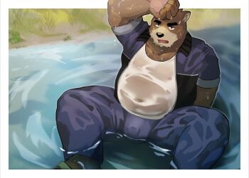 1boy animal_ear_fluff animal_ears bara bear_boy bear_ears belly blue_jacket blue_pants brown_fur bulge collarbone commentary_request erisu_(7575el) fat fat_man furry hand_on_own_head highres jacket juuichi_mikazuki looking_at_viewer male_focus morenatsu navel open_mouth pants shirt sitting wet wet_clothes wet_shirt white_shirt
