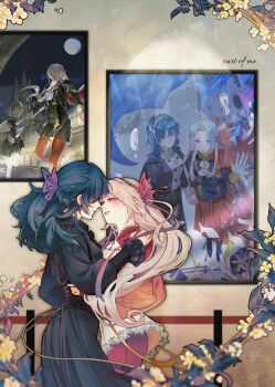 2girls abstract_background absurdres alternate_costume alternate_hairstyle alternate_universe blonde_hair blunt_bangs blush breasts brown_background commentary couple edelgard_von_hresvelg faceless faceless_female female_byleth_(fire_emblem) fire_emblem fire_emblem:_three_houses from_side green_hair hair_ornament head_tilt highres incoming_kiss leaning_forward long_hair medium_breasts moyibzs multiple_girls nintendo parted_bangs picture_frame purple_eyes shade small_breasts upper_body wavy_hair yuri