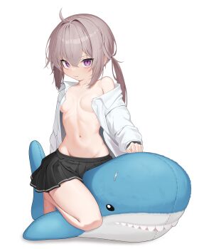 1girl absurdres arm_behind_back bare_legs black_skirt breasts brown_hair chun_bae clothes_pull commentary_request full_body girls&#039;_frontline groin hair_between_eyes highres ikea_shark loli long_hair looking_at_viewer m200_(girls&#039;_frontline) midriff miniskirt navel no_bra no_panties off_shoulder open_clothes open_shirt pleated_skirt ponytail purple_eyes shirt shirt_pull single_bare_shoulder sitting sitting_on_object skirt skirt_pull small_breasts solo staring stomach straddling stuffed_animal stuffed_shark stuffed_toy white_shirt