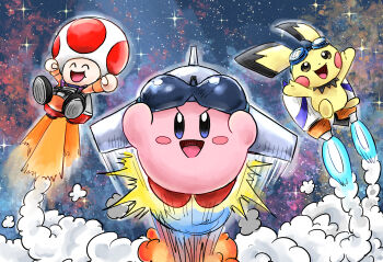 Rule 34 | commission, fire, gen 2 pokemon, goggles, happy, highres, jet kirby, jetpack, kicdon, kirby, kirby (series), kirby super star, kirby super star ultra, mario (series), mario party, mario party 2, nintendo, pichu, pixiv commission, pokemon, rocket belt, sky, smoke, space, spacesuit, star (sky), starry sky, super smash bros., thrusters, toad (mario)