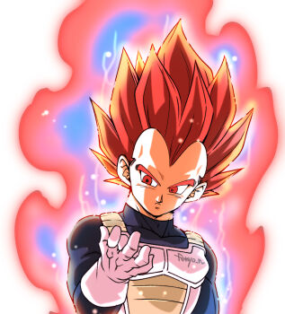 1boy armor artist_name aura blue_bodysuit bodysuit dragon_ball dragon_ball_super fenyon grey_background highres male_focus medium_hair red_eyes red_hair simple_background solo spiked_hair super_saiyan super_saiyan_god twitter_username upper_body vegeta white_armor