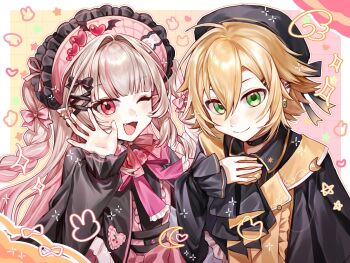 Rule 34 | 1boy, 1girl, ;d, ameko (ecko 13z), ascot, black ascot, black capelet, black hat, black ribbon, black shirt, black sleeves, blonde hair, blunt bangs, blush, bonnet, border, bow, brooch, capelet, chinstrap, closed mouth, collared shirt, colored inner hair, drawn heart, drawn star, dress, drill hair, earclip, earrings, fang, flipped hair, frilled bonnet, frilled capelet, frilled dress, frilled sleeves, frills, gradient background, green eyes, grey hair, hair between eyes, hair intakes, hair ornament, hair ribbon, hairpin, hand on own chest, hat, heart, highres, jewelry, long hair, long sleeves, looking at viewer, magical boy, magical girl, makaino ririmu, multicolored hair, neck ribbon, nijisanji, official alternate costume, official alternate hairstyle, one eye closed, open mouth, outside border, pink background, pink bow, pink dress, pink hair, pink ribbon, pink streaks, pointy ears, puffy long sleeves, puffy sleeves, purikura, red eyes, red ribbon, ribbon, shirt, short hair, sidelocks, smile, standing, streaked hair, two-tone hair, two side up, upper body, uzuki kou, variant set, vest, virtual youtuber, waving, white border, winged heart, x hair ornament, yellow background, yellow vest